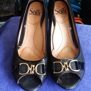Sofft black open toe gold buckle heels
